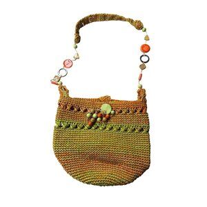 Handcrafted Beaded Crochet Shoulder Bag With Green & Orange Yarn